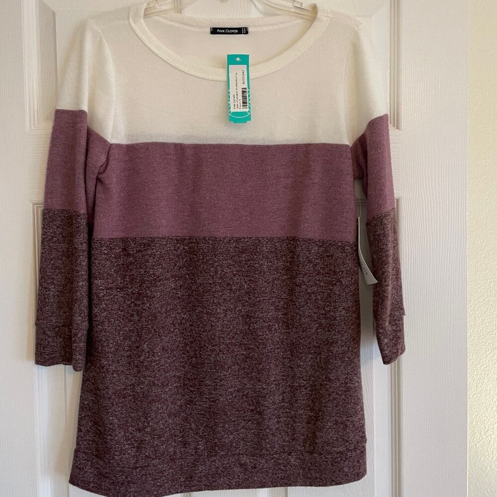 Colorblock Brushed Knit Top Pink Clover Sz Small White and Purple Blended Fabric